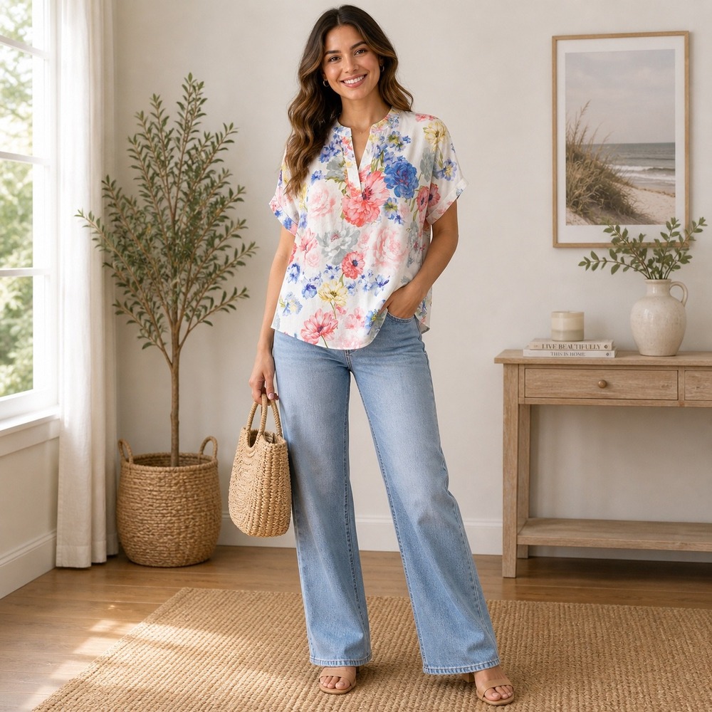 White Birch Floral Blouse Cottagecore Boho Oversized Lightweight Spring Top